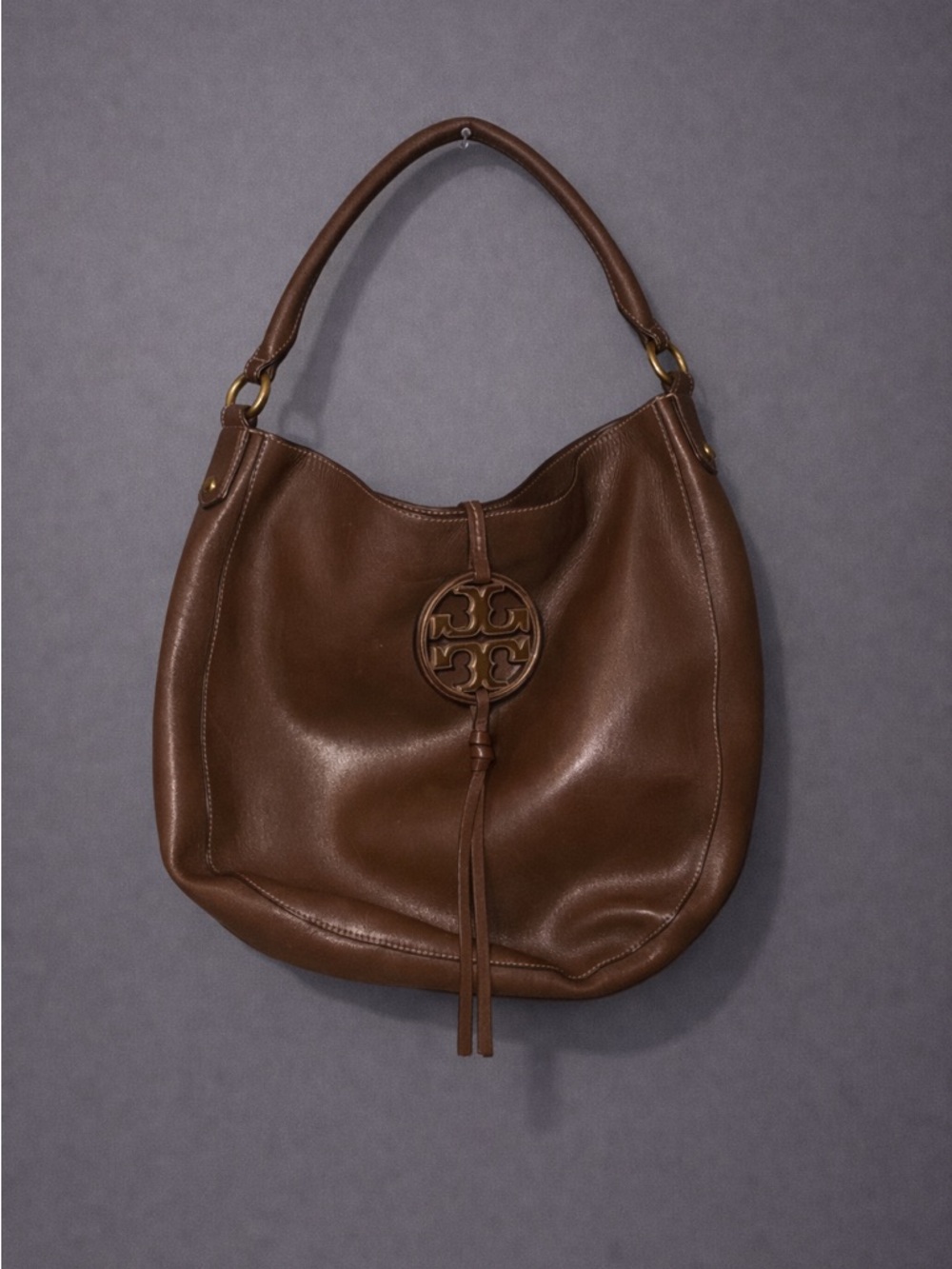 Tory Burch Metal Miller Slouchy Hobo Leather Shoulder Bag Chocolate